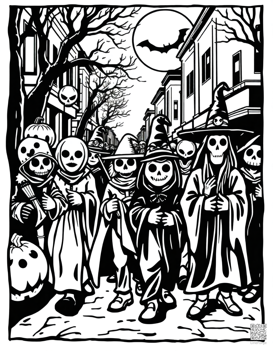 halloween parade with costumed characters coloring page Woodcut style - free printable