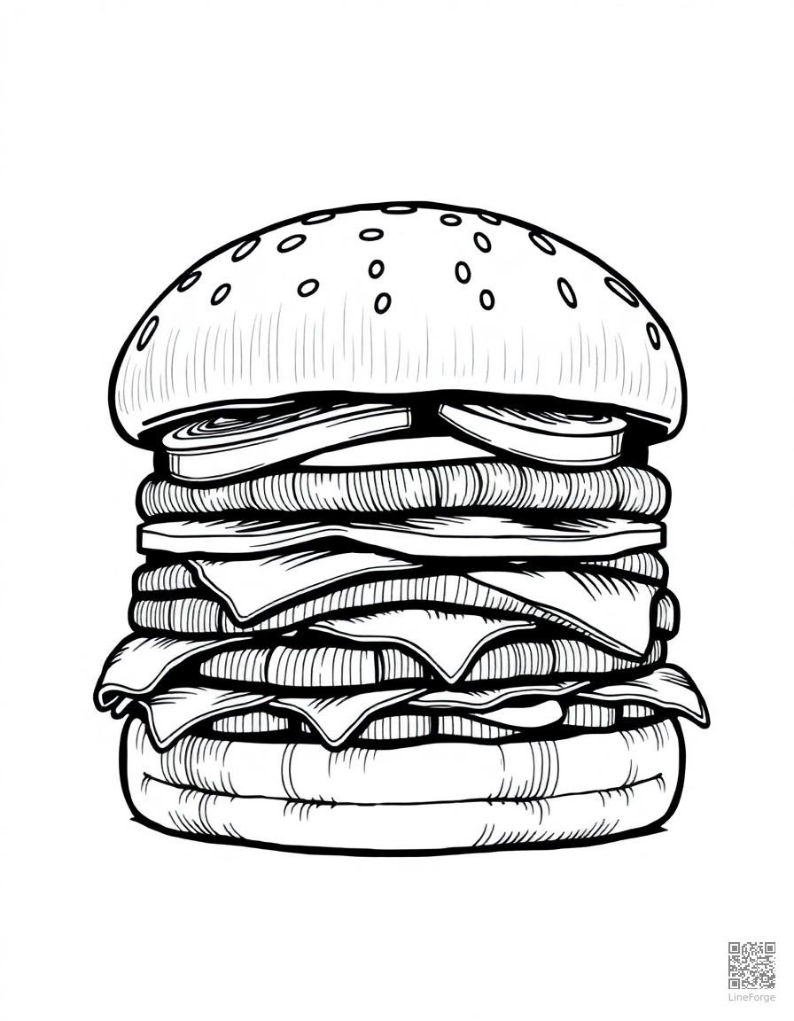 hamburger with all the fixings coloring page Crosshatch style - free printable