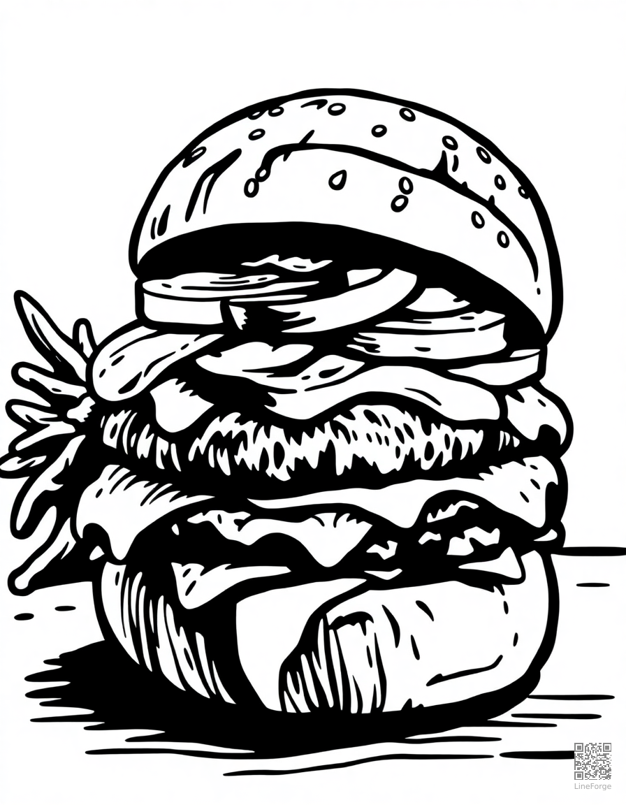hamburger with all the fixings coloring page Woodcut style - free printable