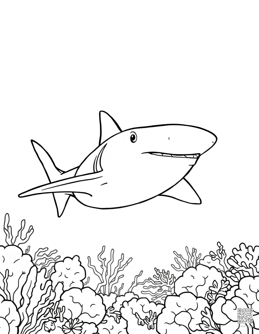 Free hammerhead shark patrolling a reef coloring page in contour style — printable line art