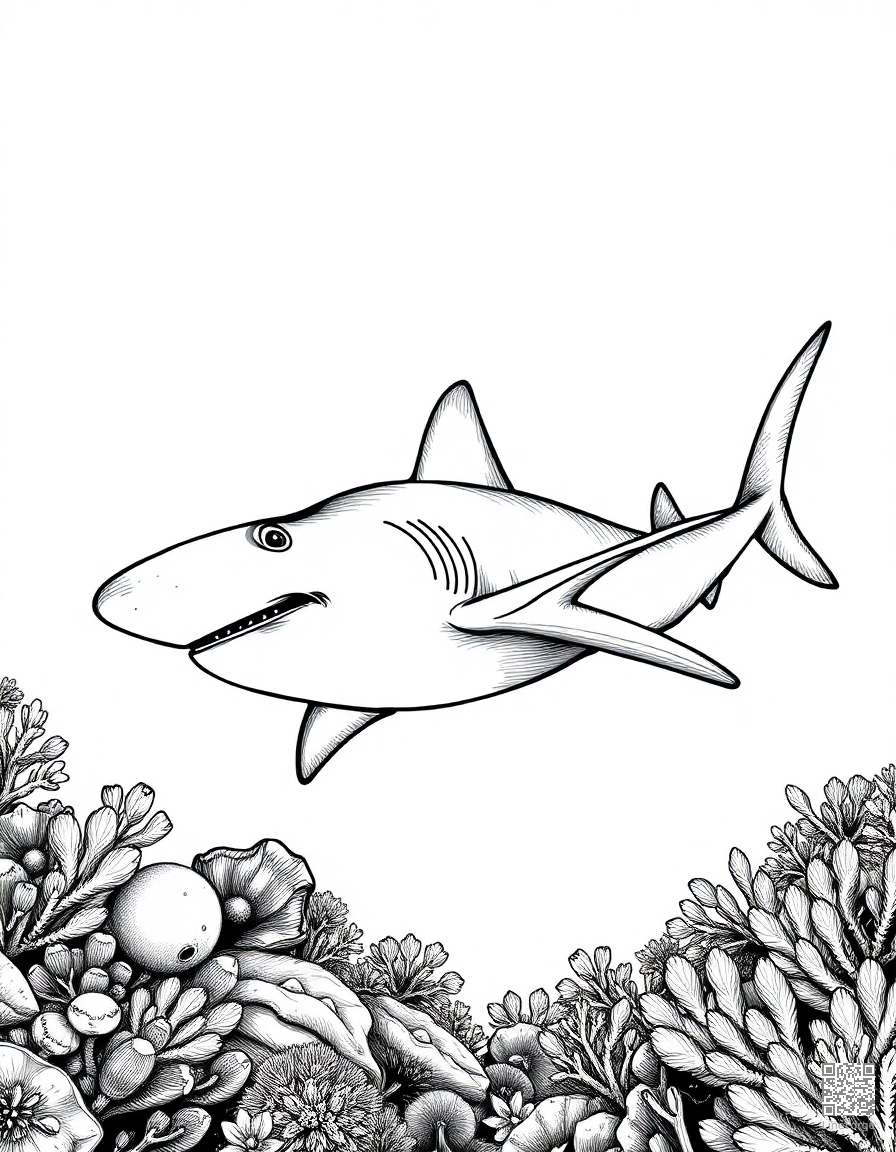 hammerhead shark patrolling a reef coloring page Crosshatch style - free printable