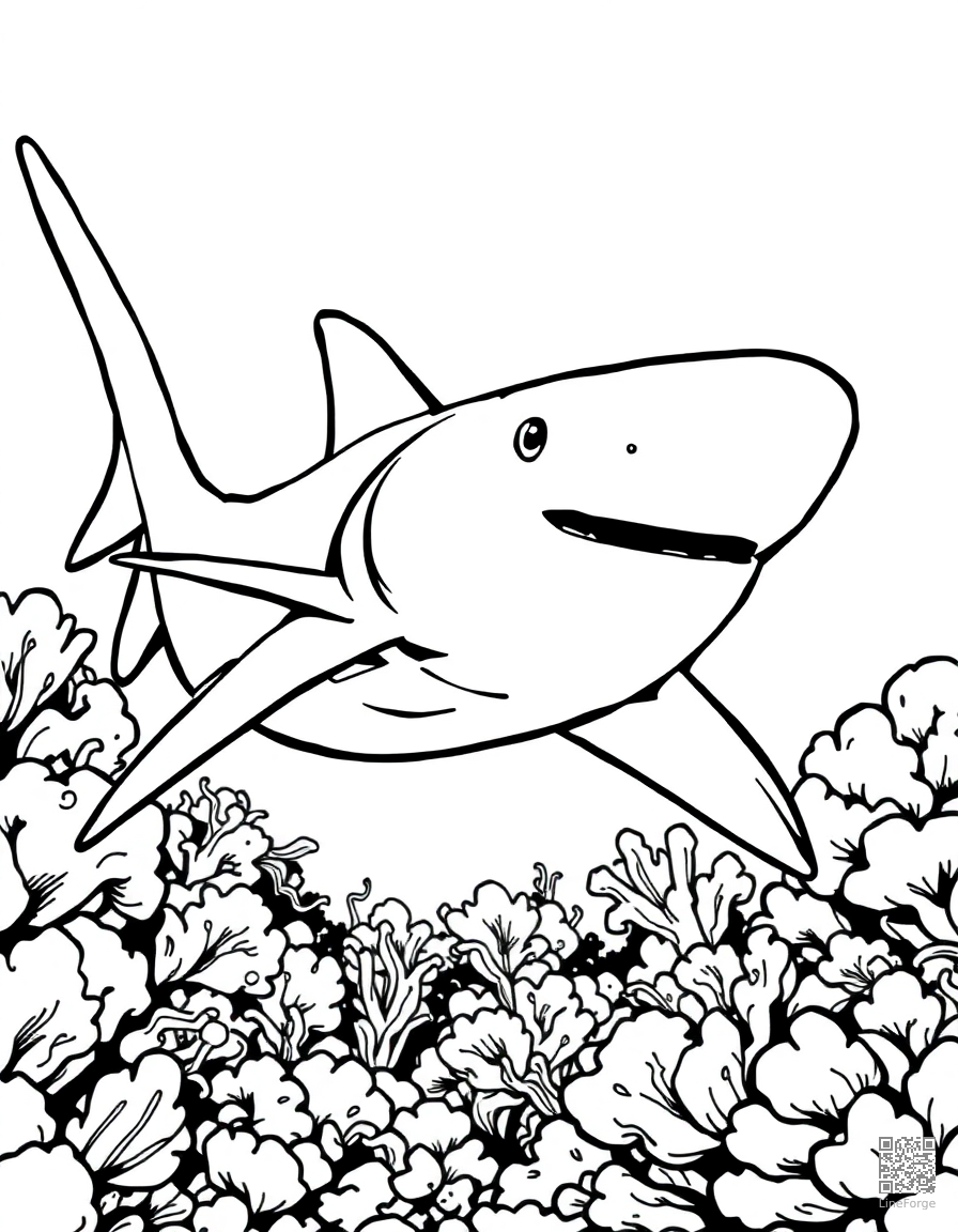 Free hammerhead shark patrolling a reef coloring page in manga style — printable line art