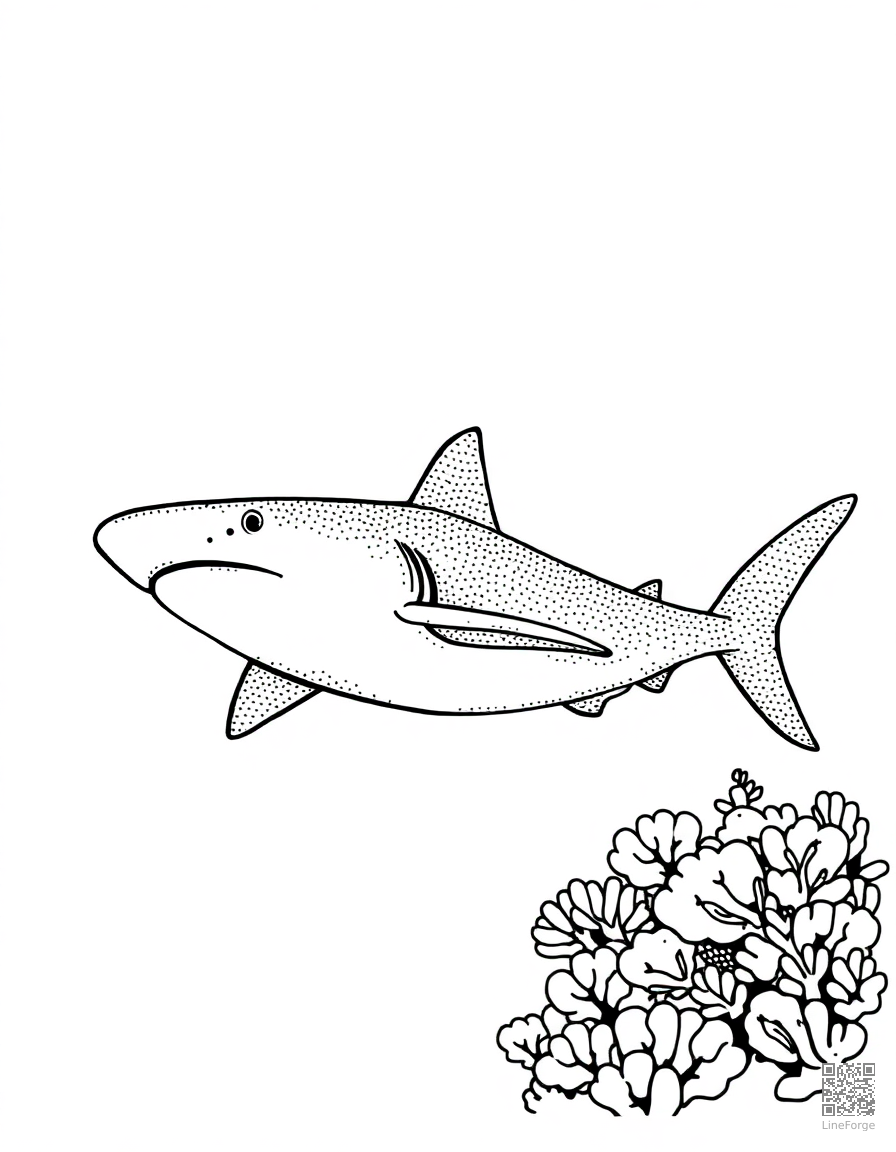 Free hammerhead shark patrolling a reef coloring page in stipple style — printable line art