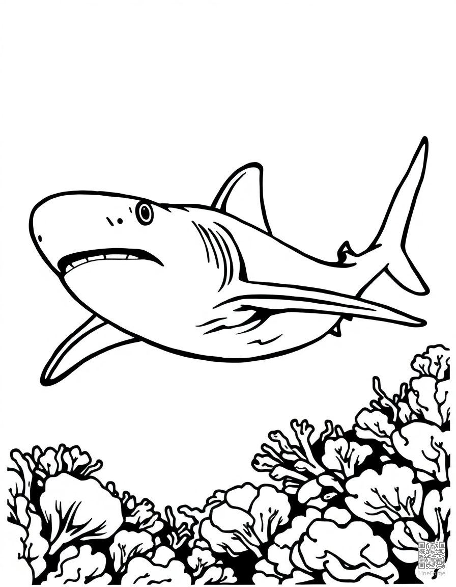 hammerhead shark patrolling a reef coloring page Woodcut style - free printable