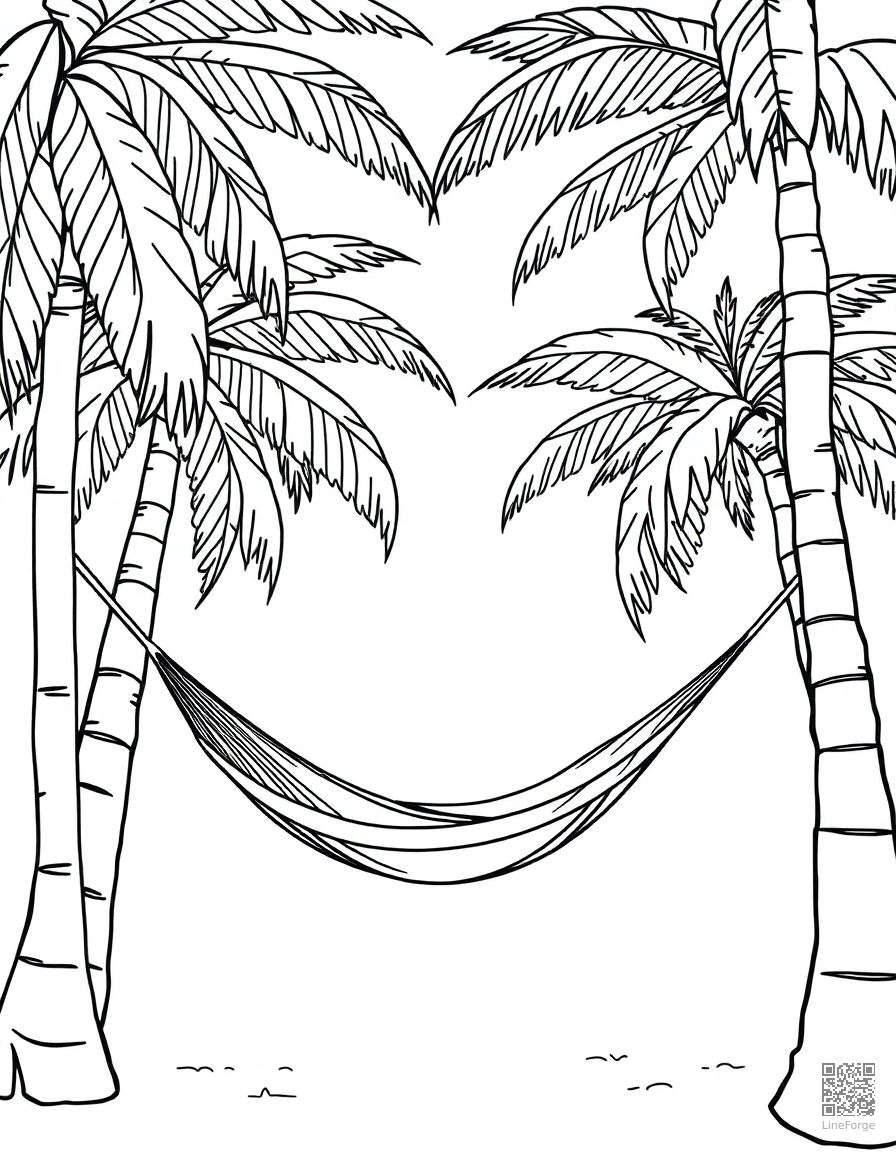 Free hammock between two palm trees coloring page in contour style — printable line art