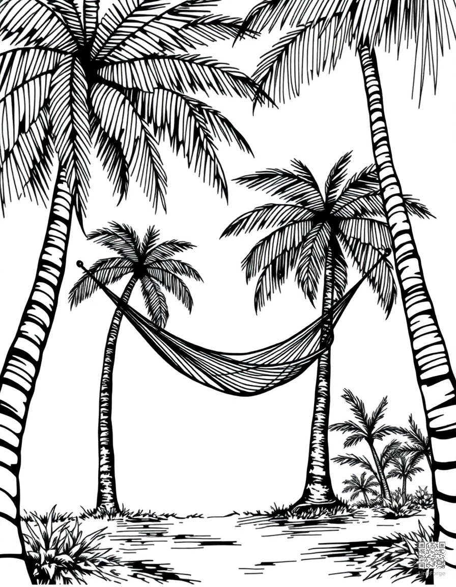 Free hammock between two palm trees coloring page in crosshatch style — printable line art