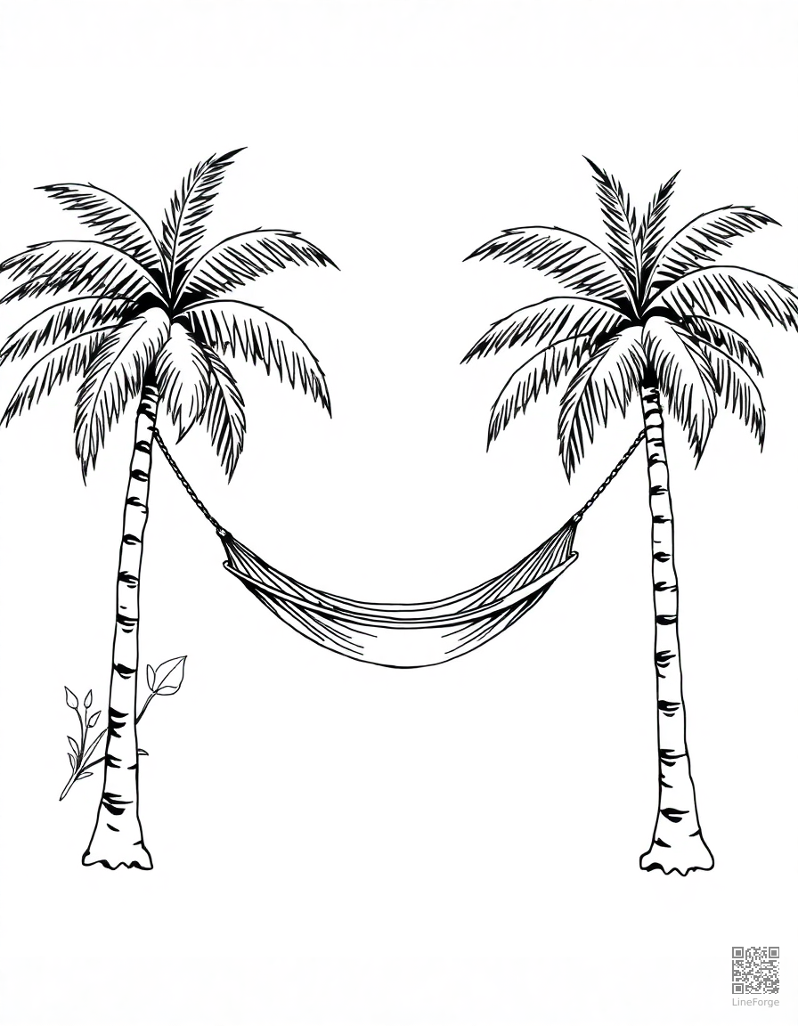 Free hammock between two palm trees coloring page in manga style — printable line art