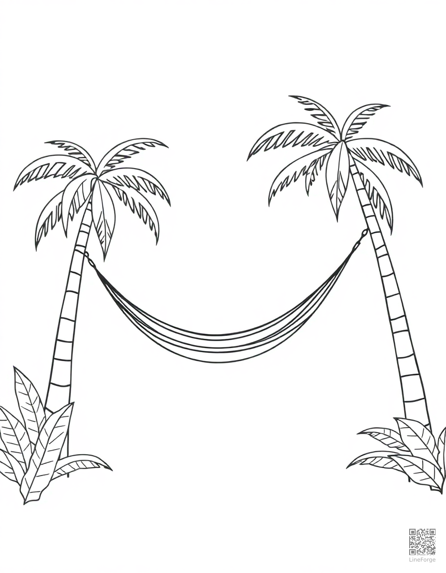 Free hammock between two palm trees coloring page in minimal style — printable line art