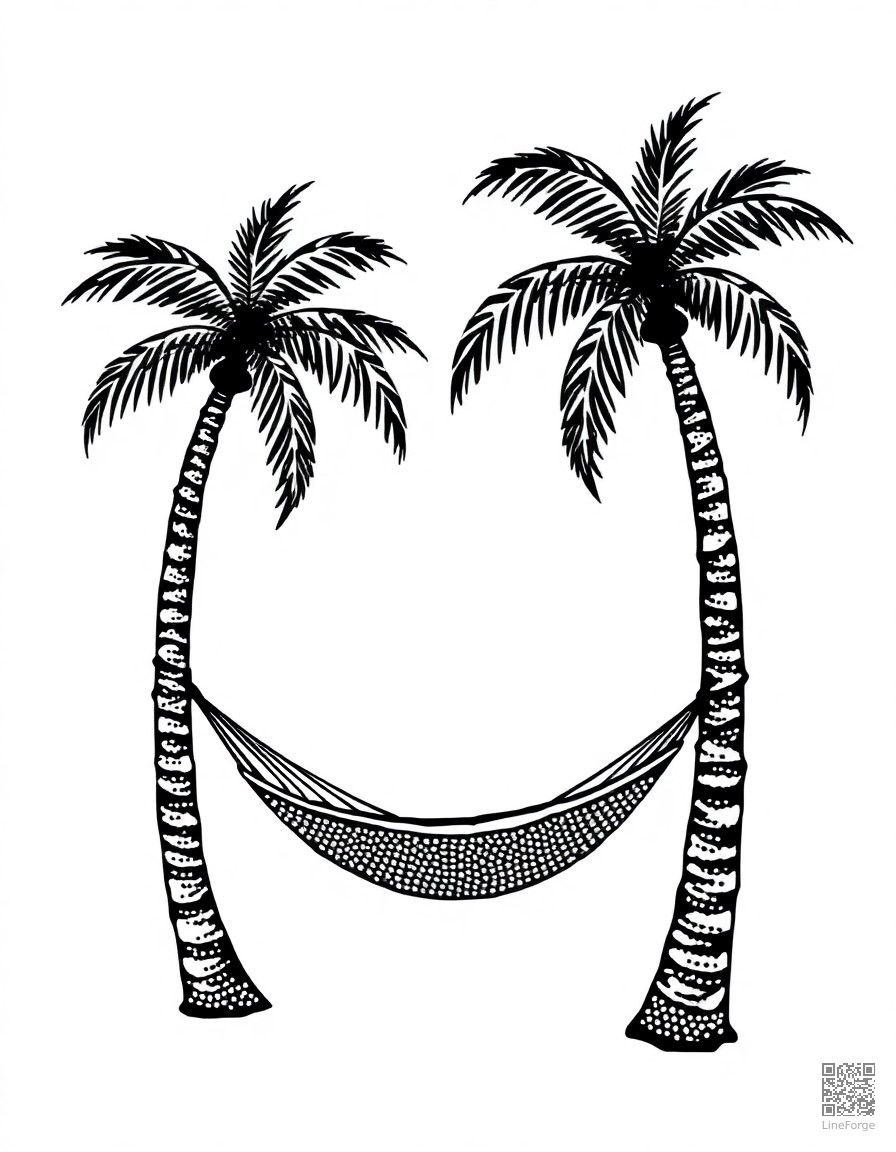 Free hammock between two palm trees coloring page in stipple style — printable line art