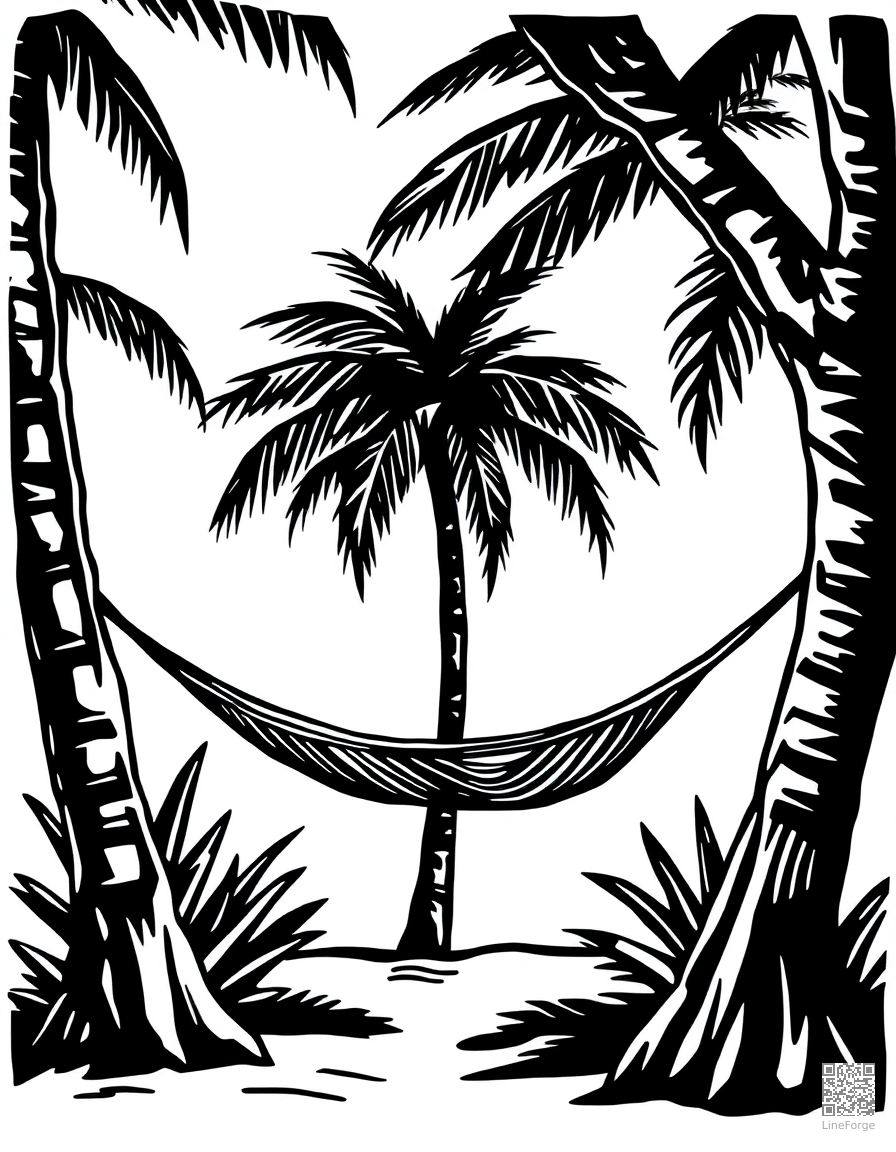 Free hammock between two palm trees coloring page in woodcut style — printable line art