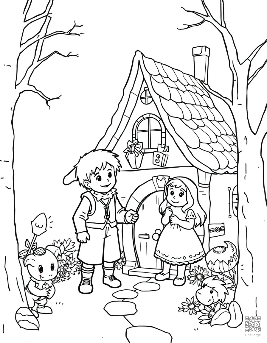 hansel and gretel finding the candy house coloring page Contour style - free printable