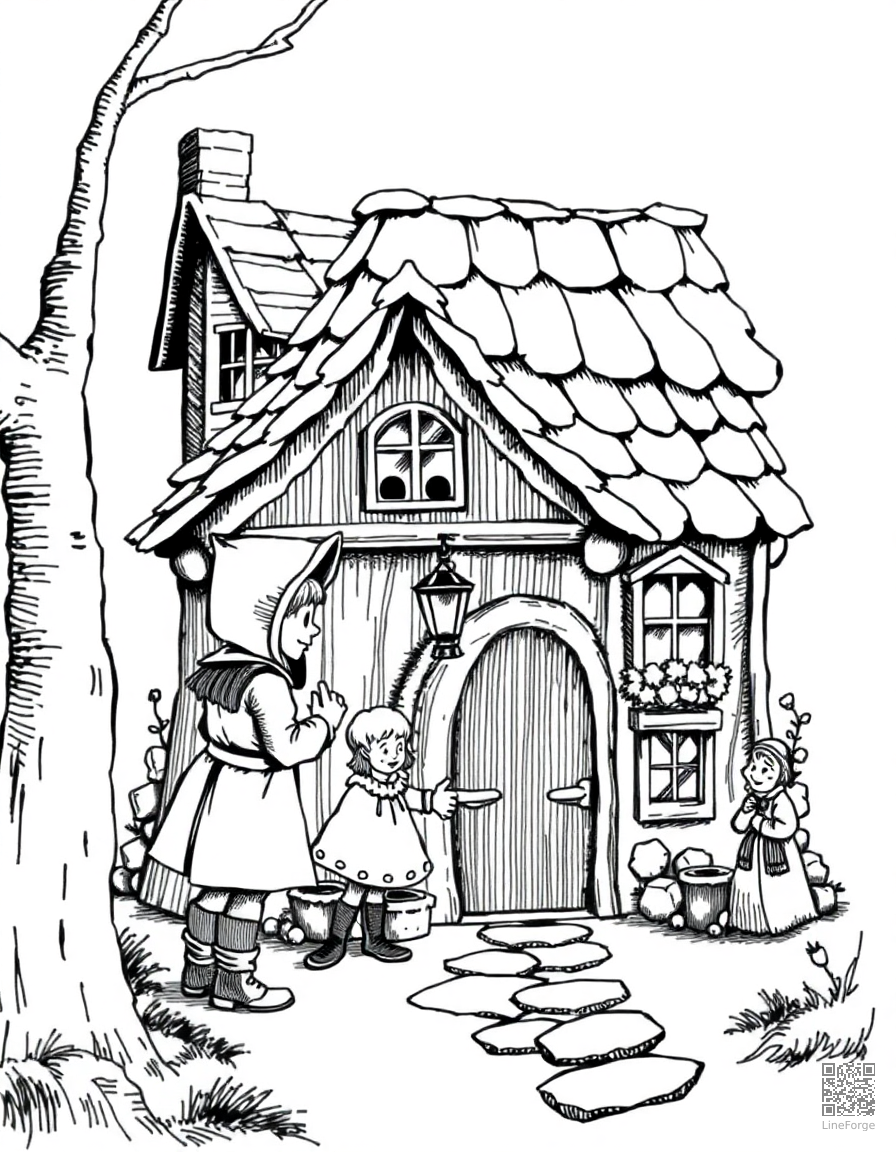 hansel and gretel finding the candy house coloring page Crosshatch style - free printable