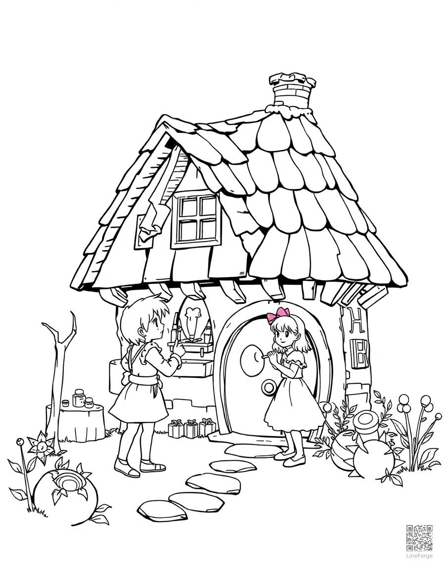 hansel and gretel finding the candy house coloring page Manga style - free printable
