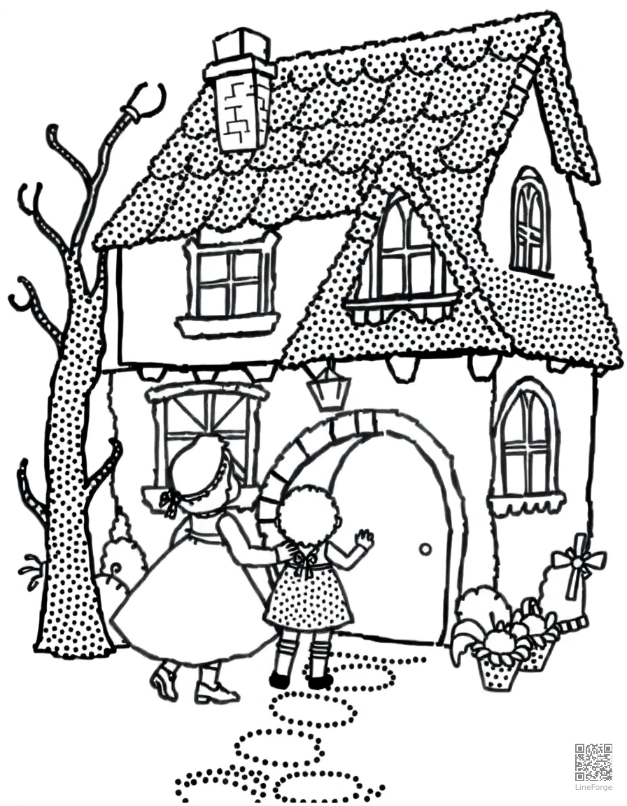 hansel and gretel finding the candy house coloring page Stipple style - free printable