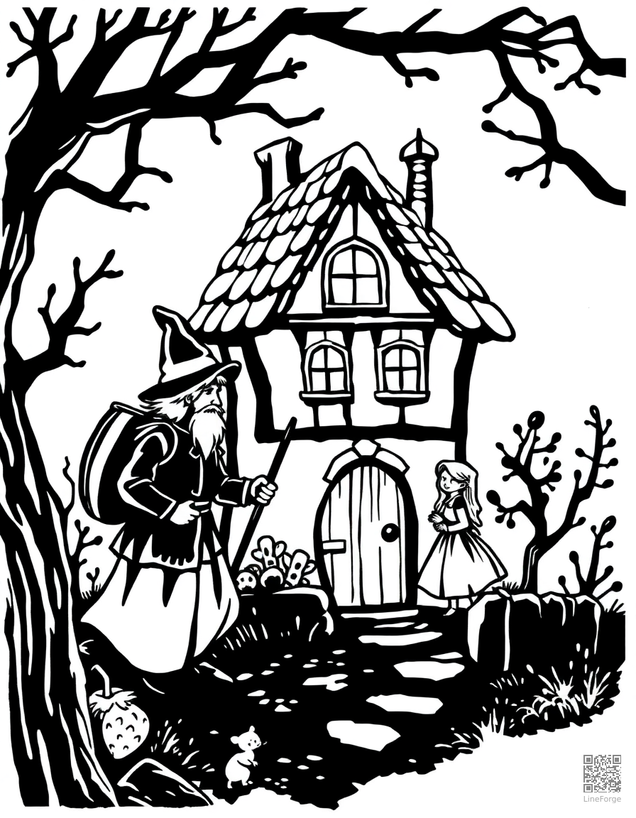 hansel and gretel finding the candy house coloring page Woodcut style - free printable