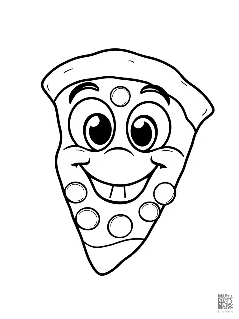 Happy pizza slice with big eyes and cheesy grin coloring page Contour style - free printable
