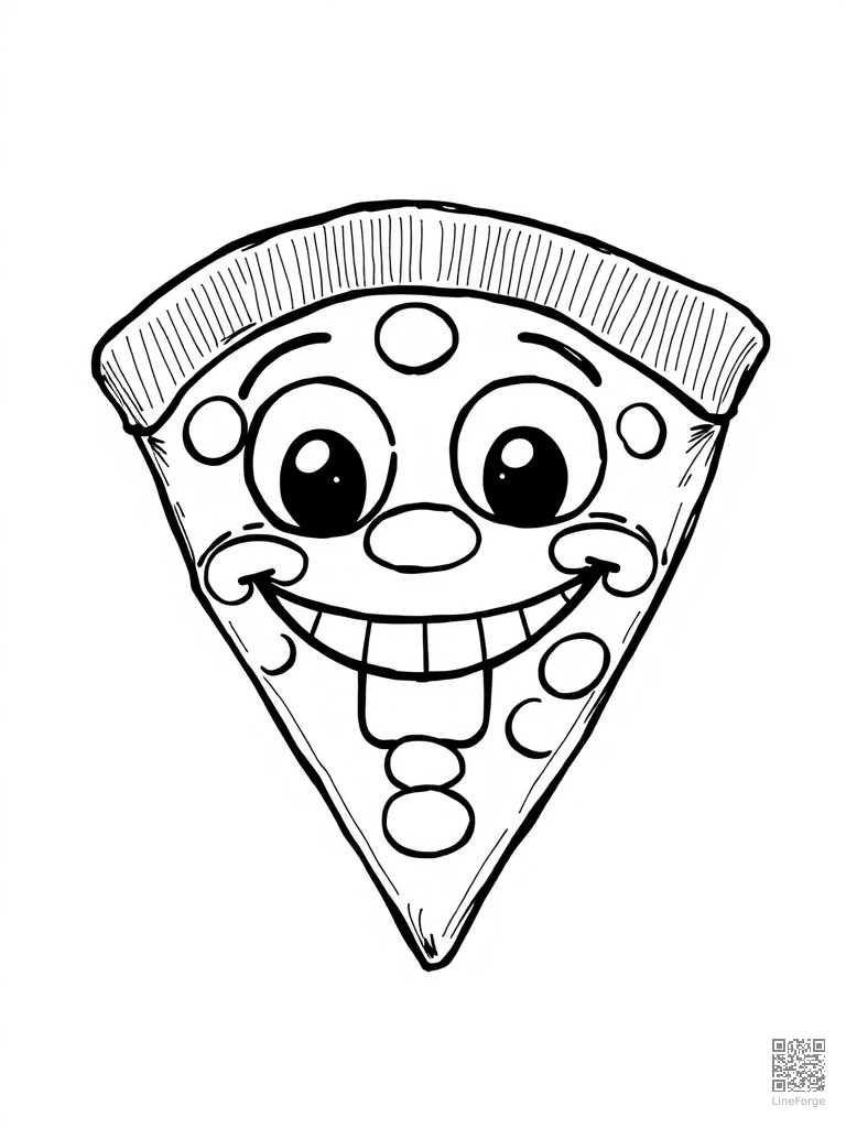 Happy pizza slice with big eyes and cheesy grin coloring page Crosshatch style - free printable