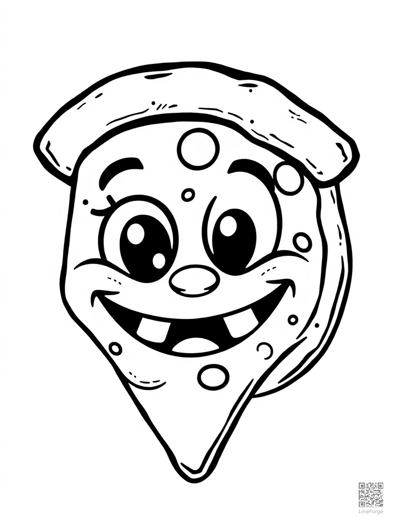 Happy pizza slice with big eyes and cheesy grin coloring page Woodcut style - free printable