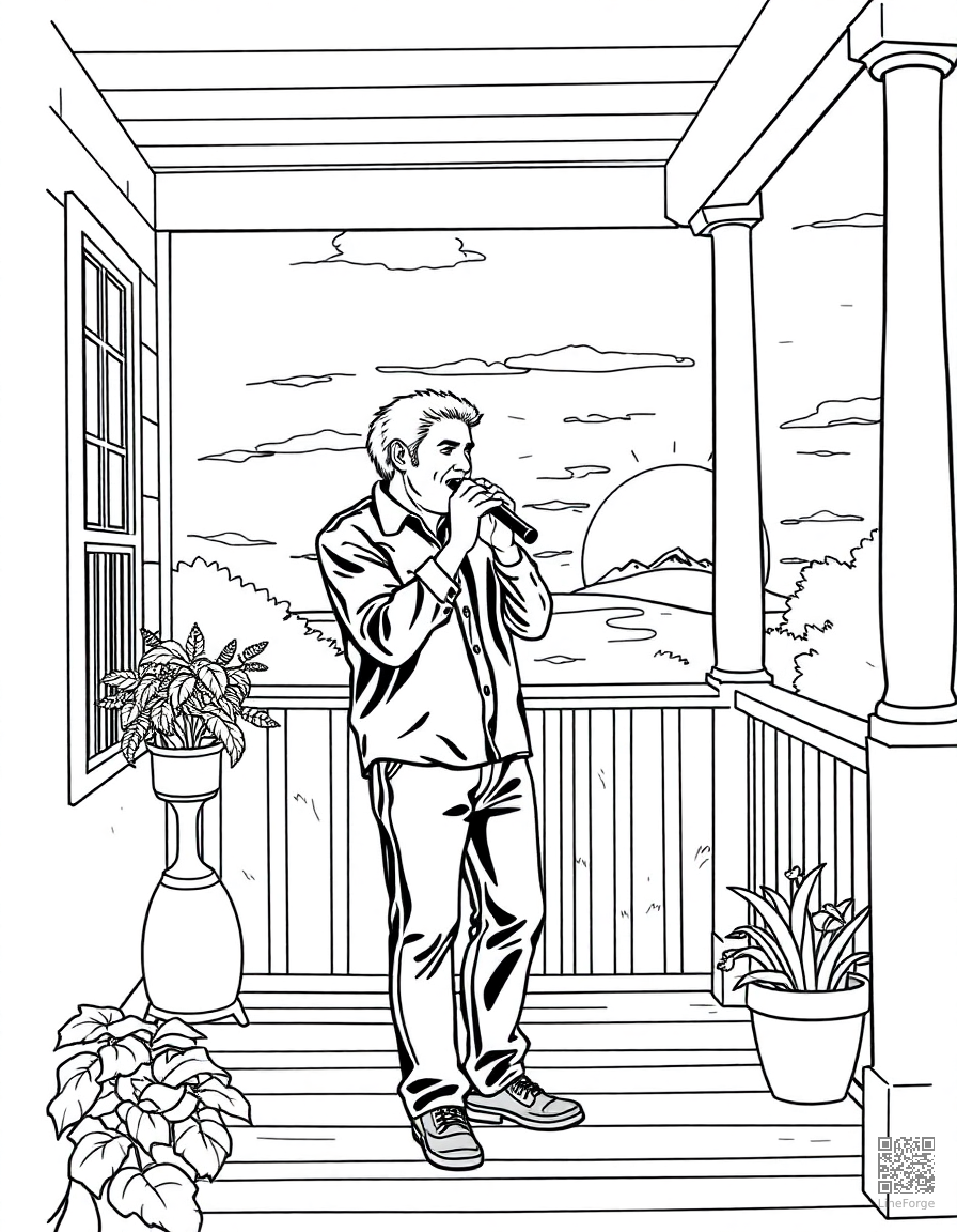 harmonica player on a porch at sunset coloring page Contour style - free printable