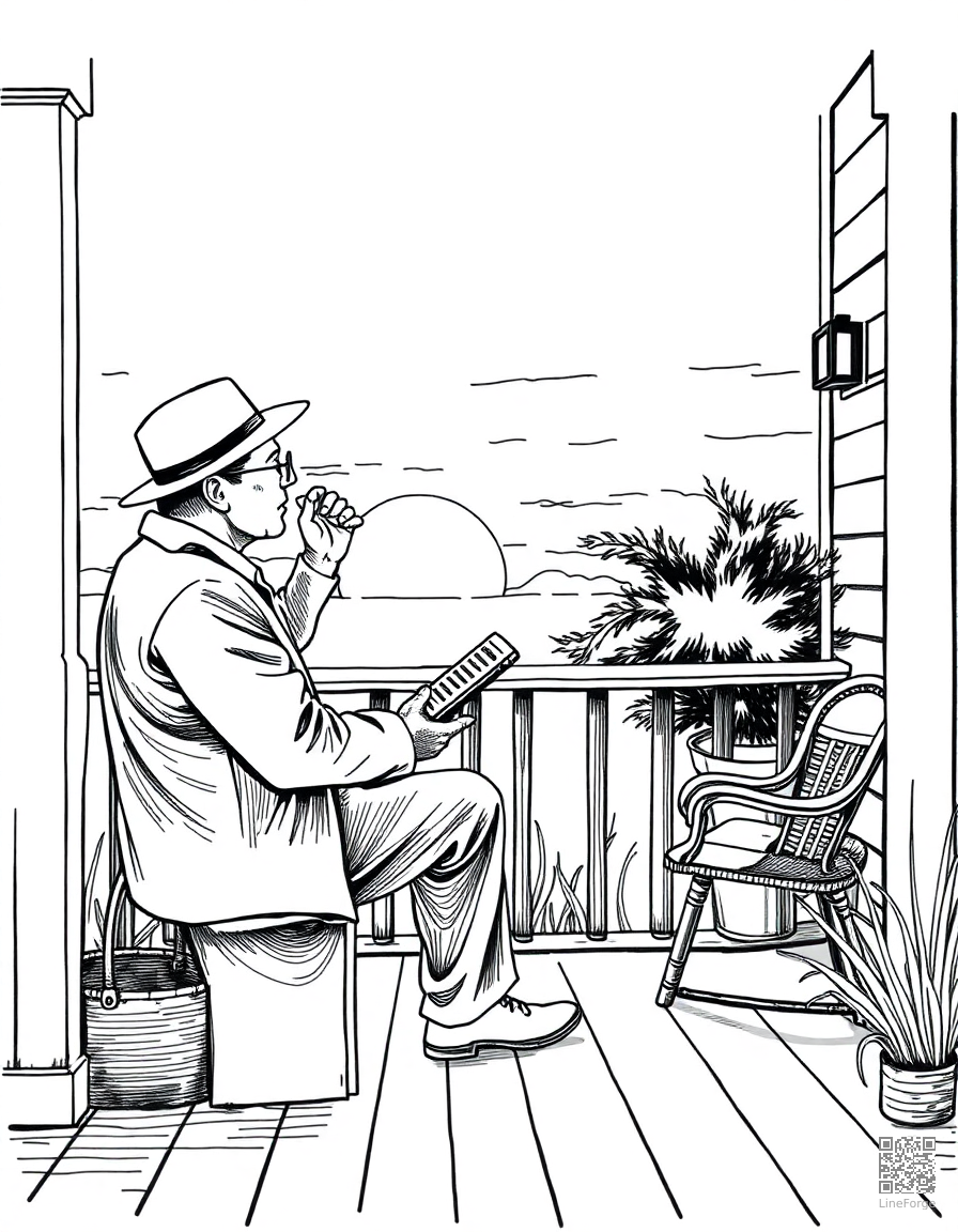 harmonica player on a porch at sunset coloring page Crosshatch style - free printable