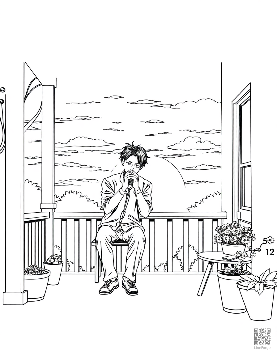 harmonica player on a porch at sunset coloring page Manga style - free printable