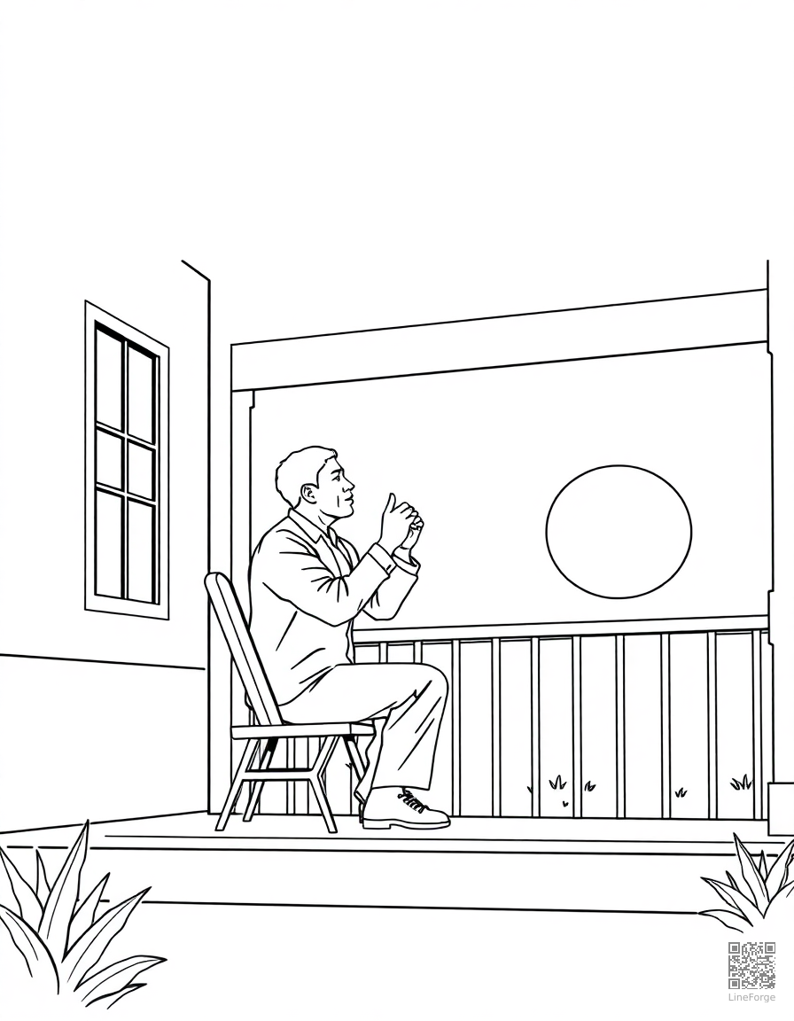 harmonica player on a porch at sunset coloring page Minimal style - free printable