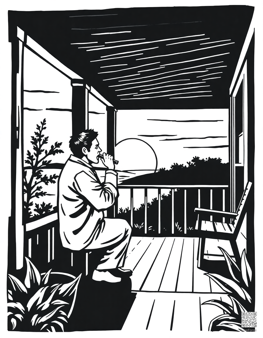 harmonica player on a porch at sunset coloring page Woodcut style - free printable