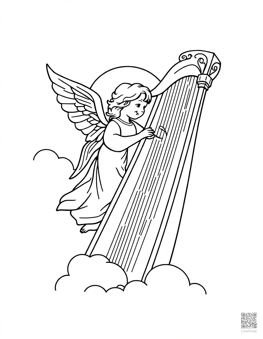 harp with angel playing in clouds coloring page Contour style - free printable