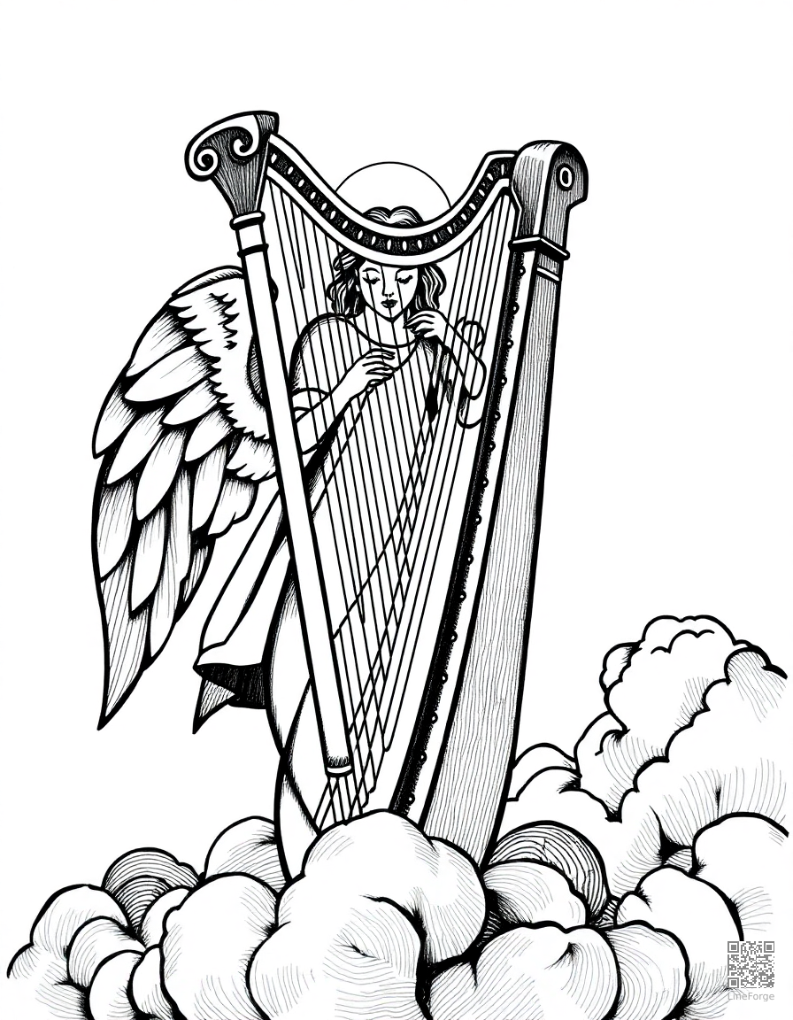 harp with angel playing in clouds coloring page Crosshatch style - free printable