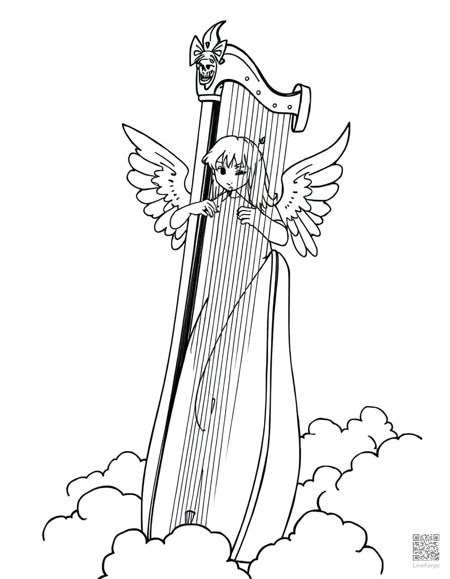 harp with angel playing in clouds coloring page Manga style - free printable