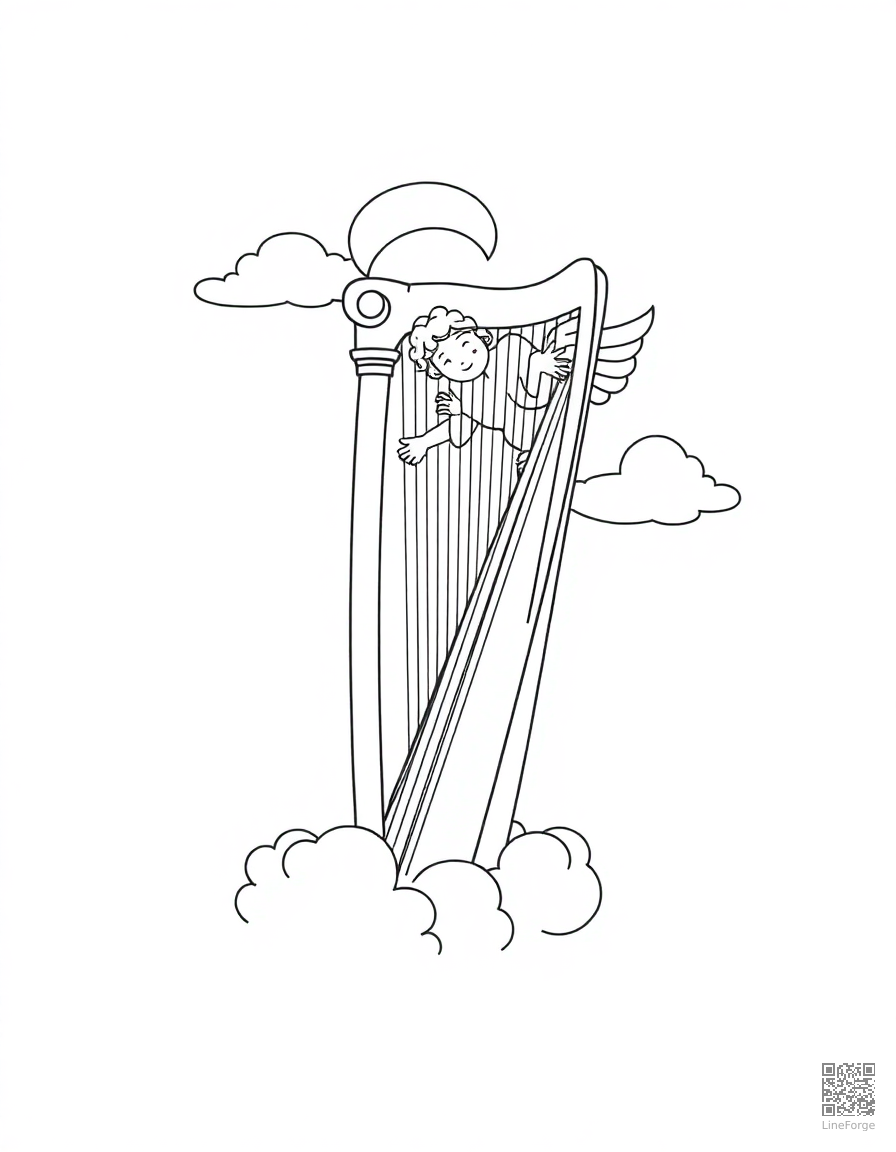 harp with angel playing in clouds coloring page Minimal style - free printable