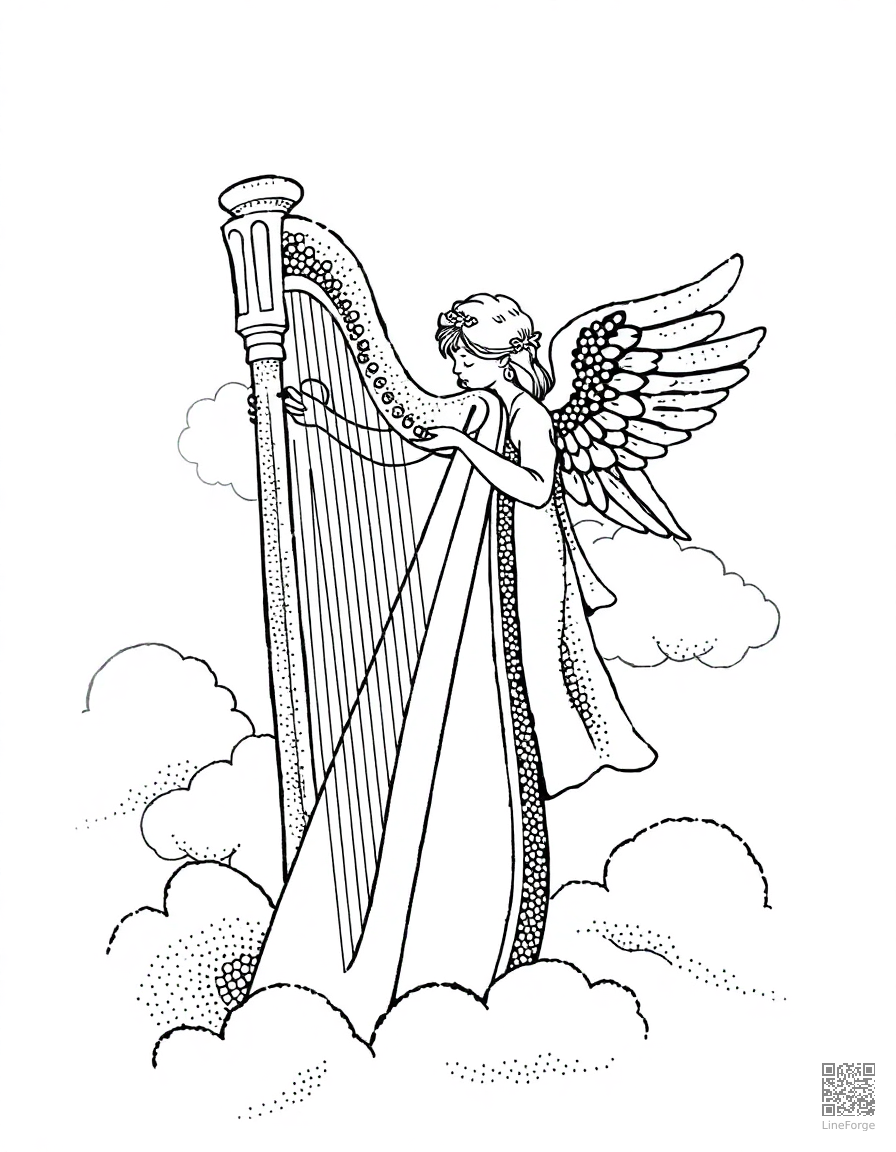 harp with angel playing in clouds coloring page Stipple style - free printable