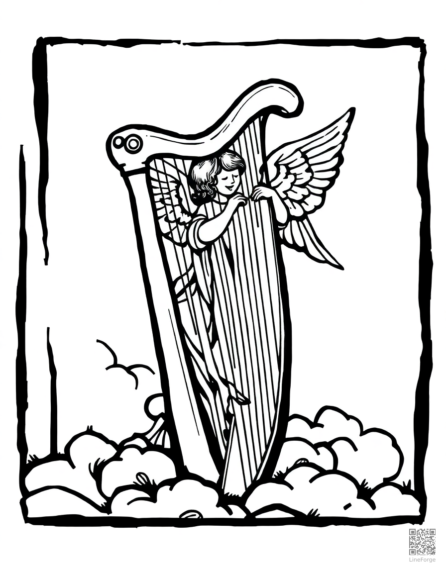 harp with angel playing in clouds coloring page Woodcut style - free printable
