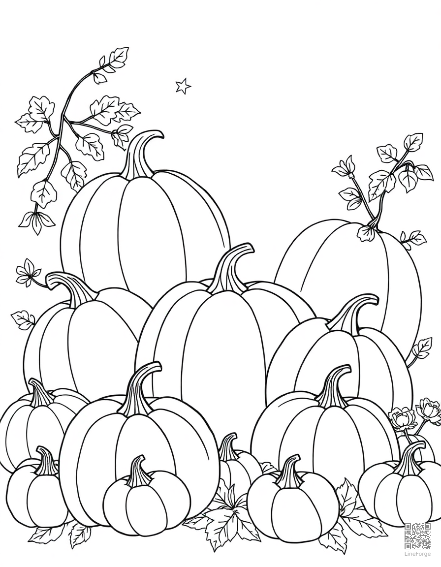 harvest festival with pumpkins and gourds coloring page Contour style - free printable