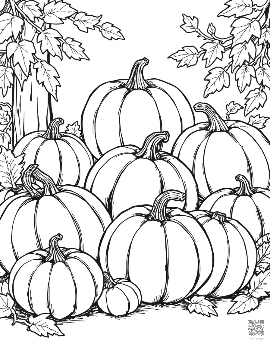 harvest festival with pumpkins and gourds coloring page Crosshatch style - free printable