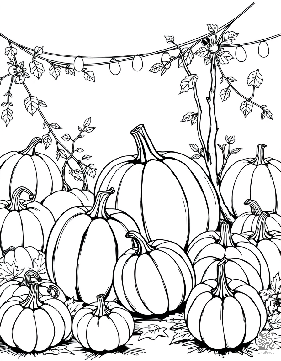 harvest festival with pumpkins and gourds coloring page Manga style - free printable