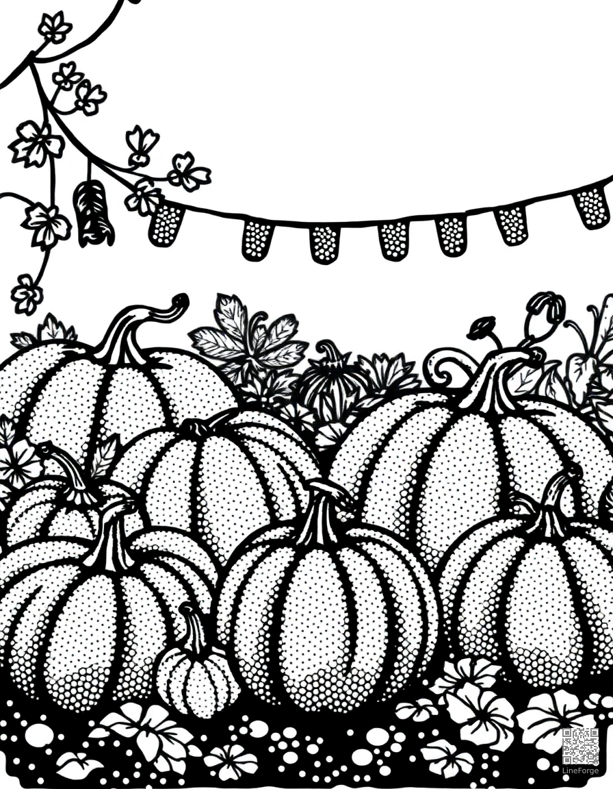 harvest festival with pumpkins and gourds coloring page Stipple style - free printable