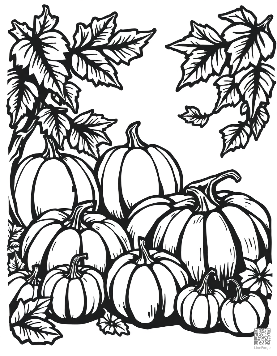 harvest festival with pumpkins and gourds coloring page Woodcut style - free printable