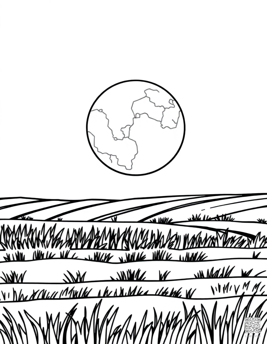 harvest moon rising over a field coloring page Contour style - free printable