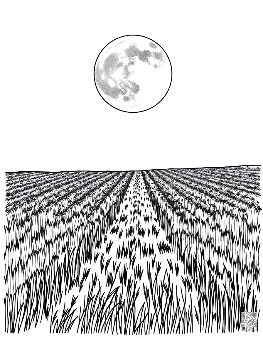 harvest moon rising over a field coloring page Crosshatch style - free printable