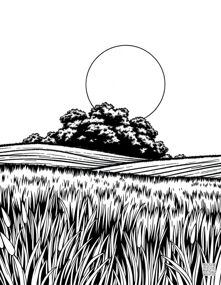 harvest moon rising over a field coloring page Manga style - free printable