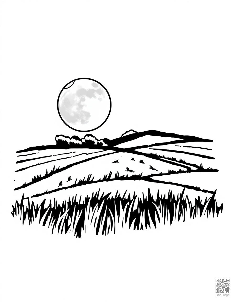 harvest moon rising over a field coloring page Woodcut style - free printable