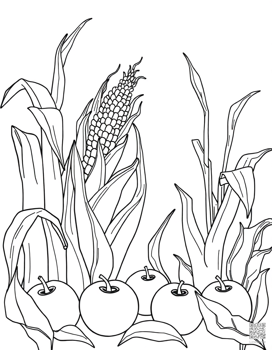 Harvest scene with corn and apples coloring page Contour style - free printable