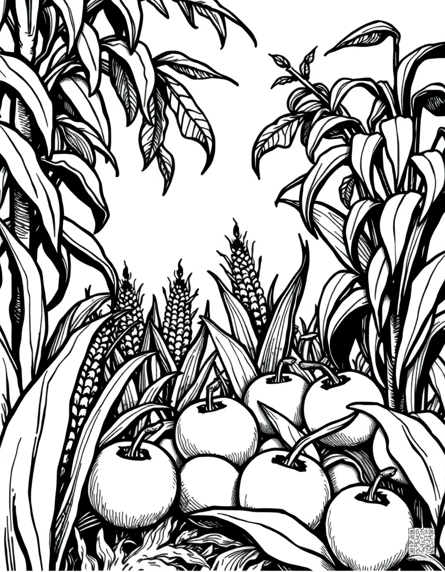 Harvest scene with corn and apples coloring page Crosshatch style - free printable