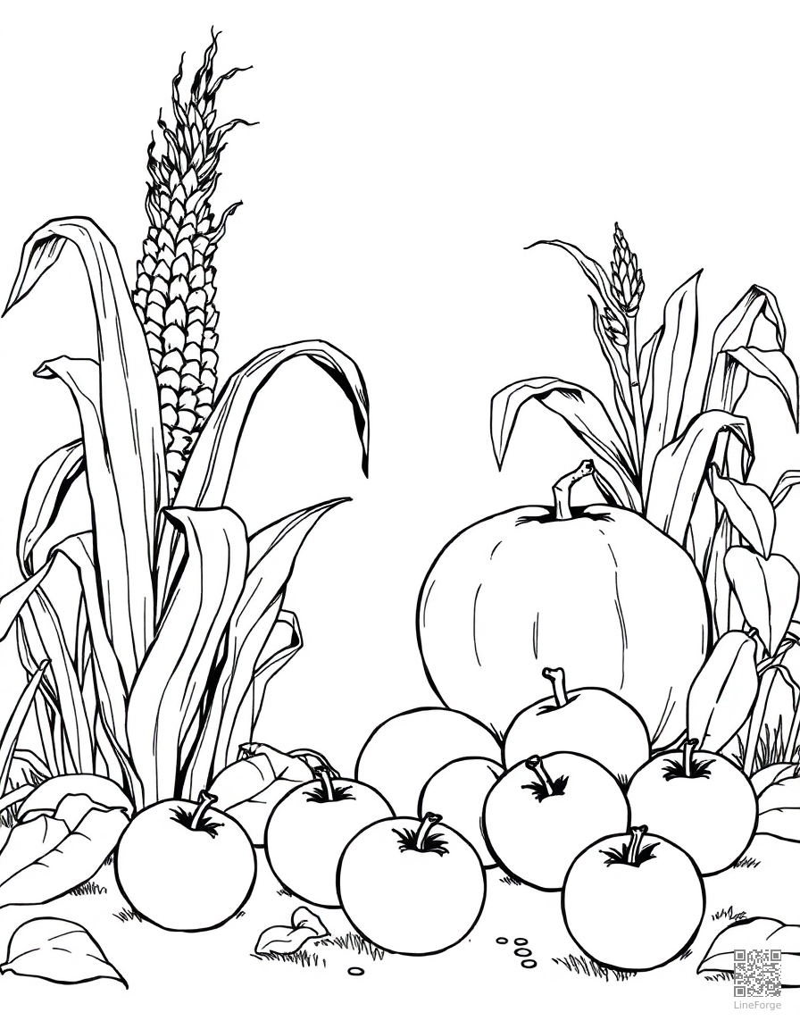 Harvest scene with corn and apples coloring page Manga style - free printable