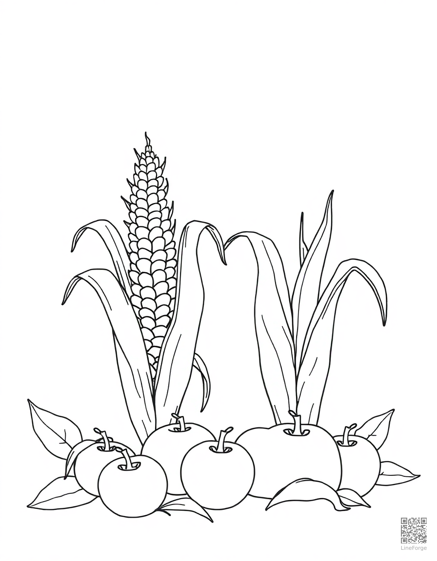 Harvest scene with corn and apples coloring page Minimal style - free printable