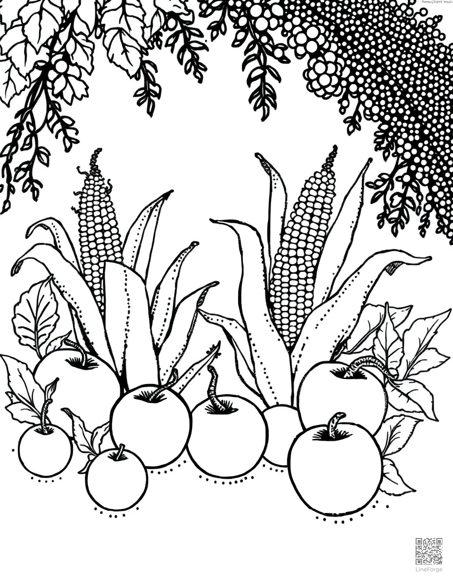 Harvest scene with corn and apples coloring page Stipple style - free printable