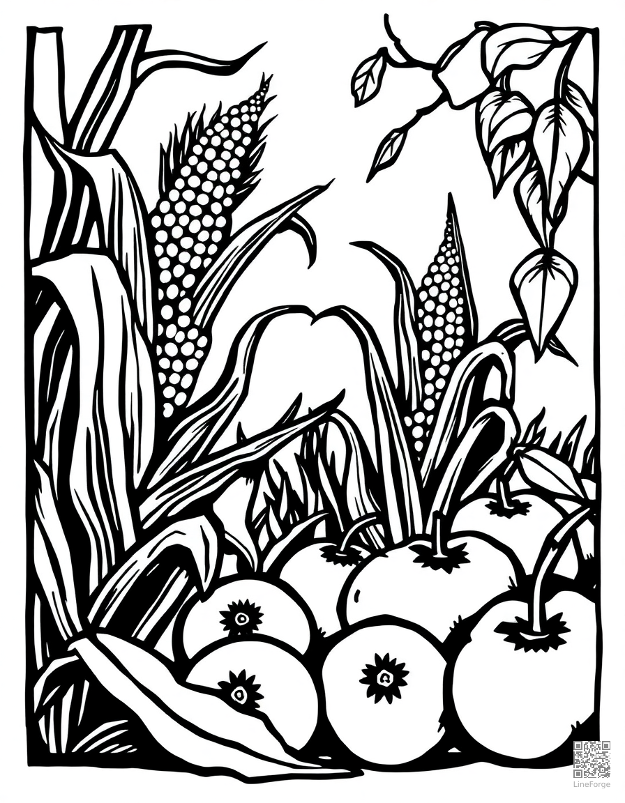 Harvest scene with corn and apples coloring page Woodcut style - free printable