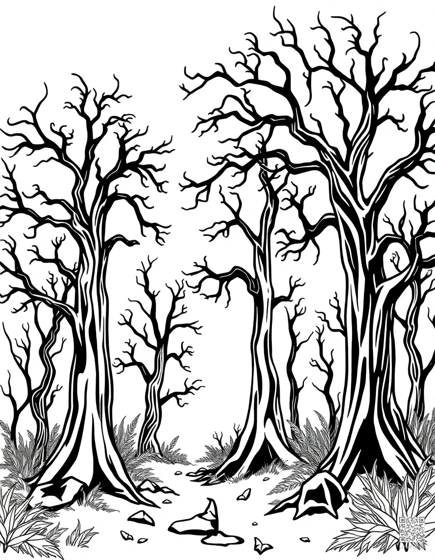 haunted forest with spooky trees coloring page Contour style - free printable