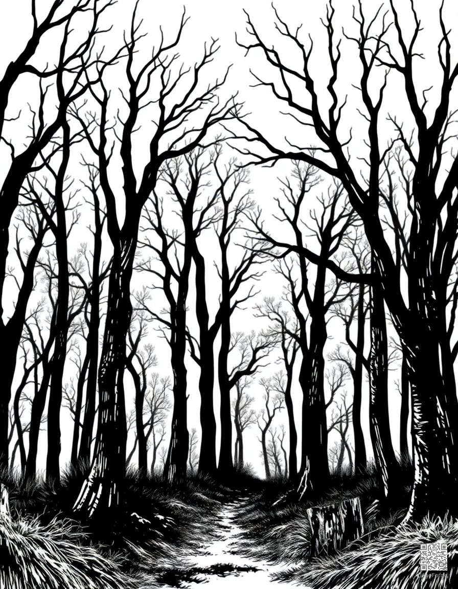 haunted forest with spooky trees coloring page Crosshatch style - free printable